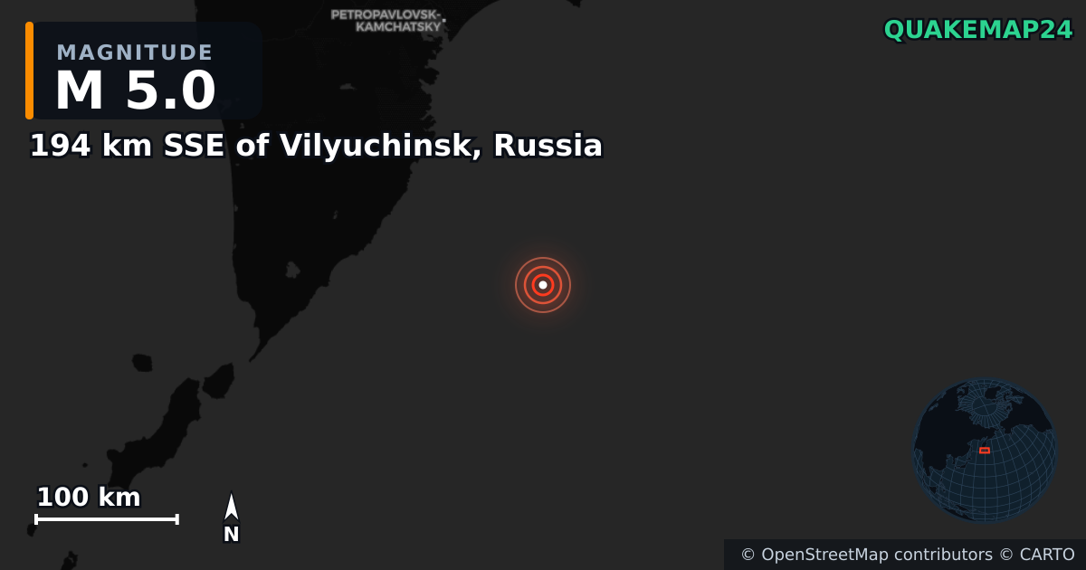 M5.0 earthquake near 194 km SSE of Vilyuchinsk, Russia on Jul 31, 2025 — map of epicenter and shaking intensity | QuakeMap24