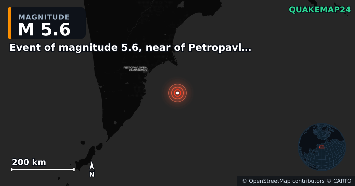 M5.6 earthquake near Event of magnitude 5.6, near of Petropavlovsk Kamchatskiy (Monde) on Nov 3, 2025 — map of epicenter and shaking intensity | QuakeMap24