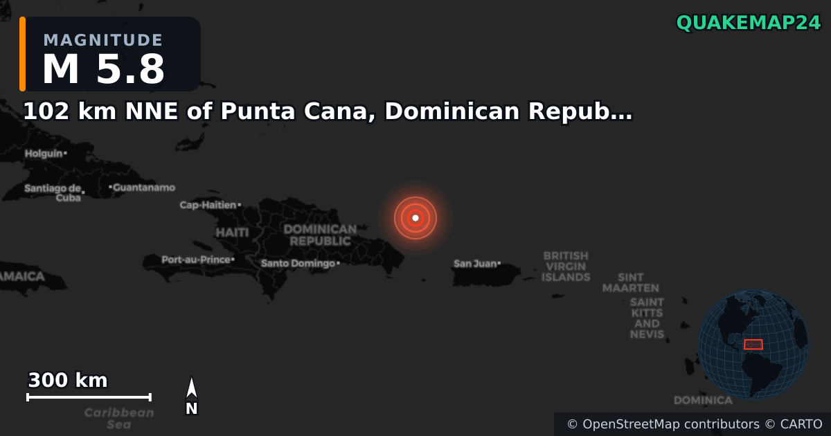 M5.8 earthquake near 102 km NNE of Punta Cana, Dominican Republic on Feb 25, 2025 — map of epicenter and shaking intensity | QuakeMap24