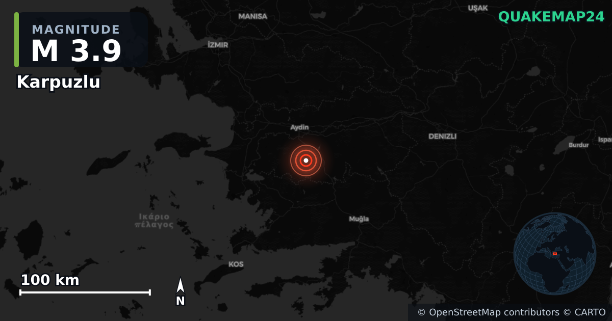 M3.9 earthquake near Karpuzlu on Nov 15, 2025 — map of epicenter and shaking intensity | QuakeMap24