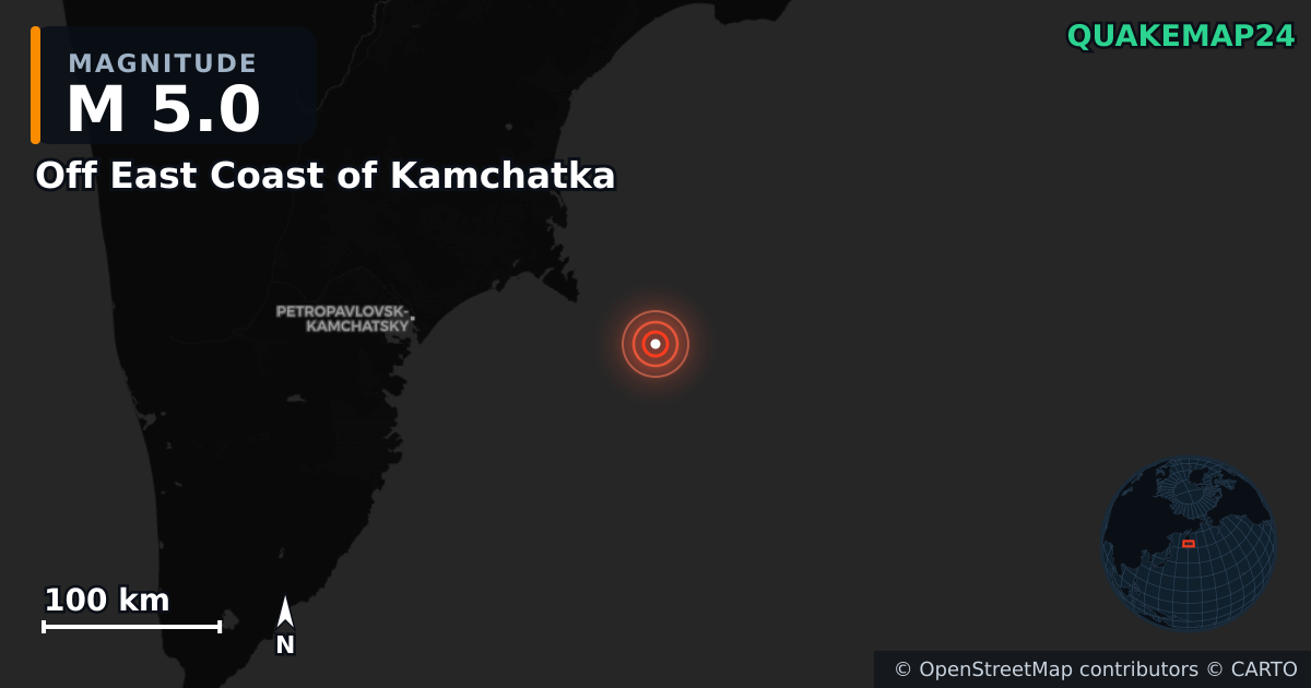 M5.0 earthquake near Off East Coast of Kamchatka on Sep 18, 2025 — map of epicenter and shaking intensity | QuakeMap24