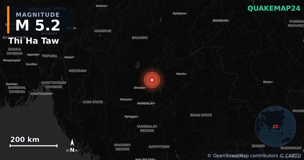 M5.2 earthquake near Thi Ha Taw on Jul 17, 2026 — map of epicenter and shaking intensity | QuakeMap24
