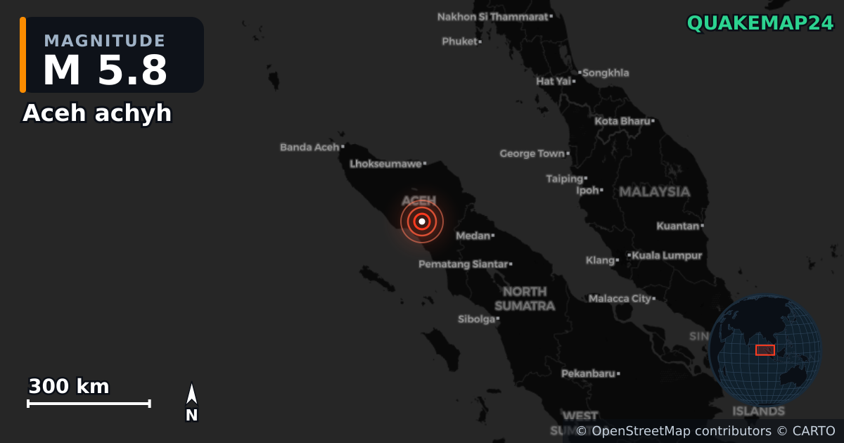 M5.8 earthquake near Aceh achyh on May 11, 2025 — map of epicenter and shaking intensity | QuakeMap24