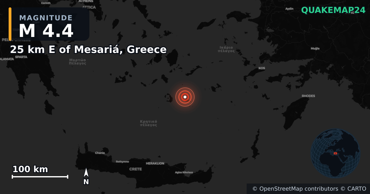 M4.4 earthquake near 25 km E of Mesariá, Greece on Feb 3, 2025 — map of epicenter and shaking intensity | QuakeMap24