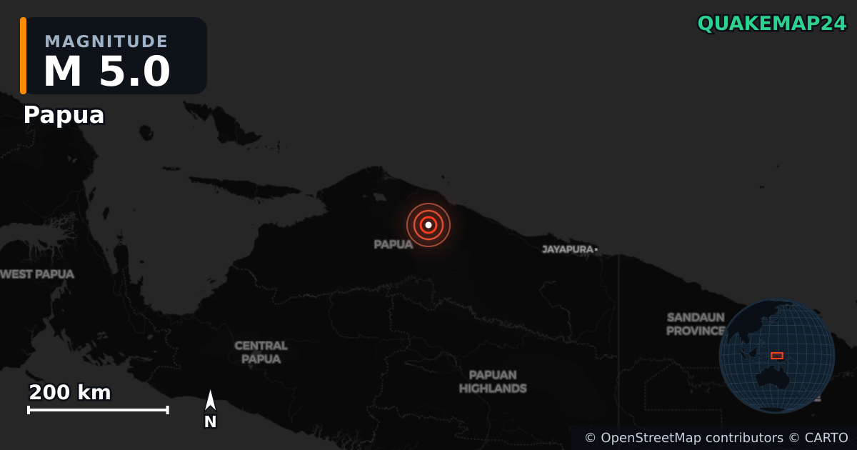 M5.0 earthquake near Papua on Oct 19, 2025 — map of epicenter and shaking intensity | QuakeMap24