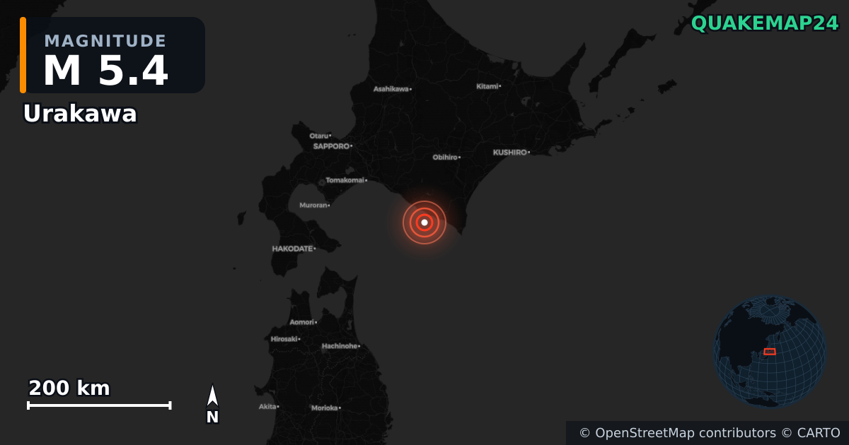 M5.4 earthquake near Urakawa on May 22, 2025 — map of epicenter and shaking intensity | QuakeMap24