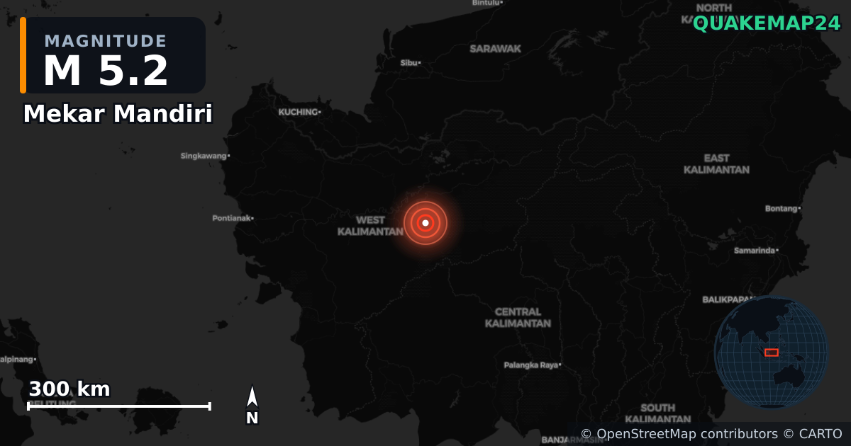 Erdbeben M5,2 bei Mekar Mandiri, Kalimantan Barat (Indonesien) — Karte der Lage des Epizentrums