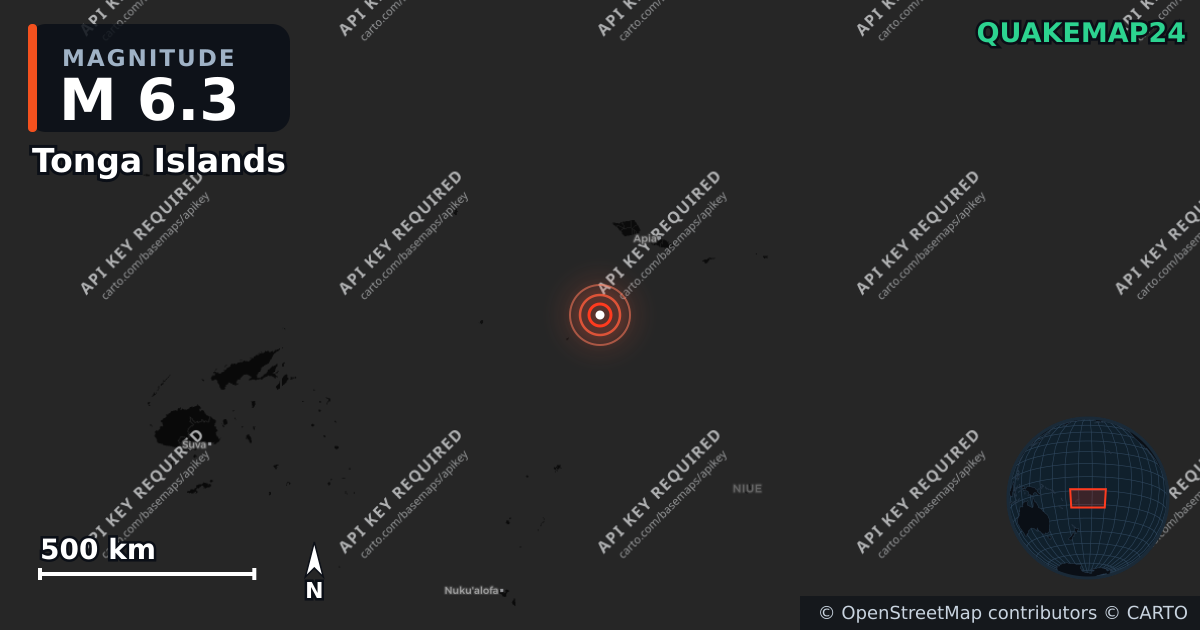 M6.3 earthquake near Tonga Islands on Mar 22, 2026 — map of epicenter and shaking intensity | QuakeMap24