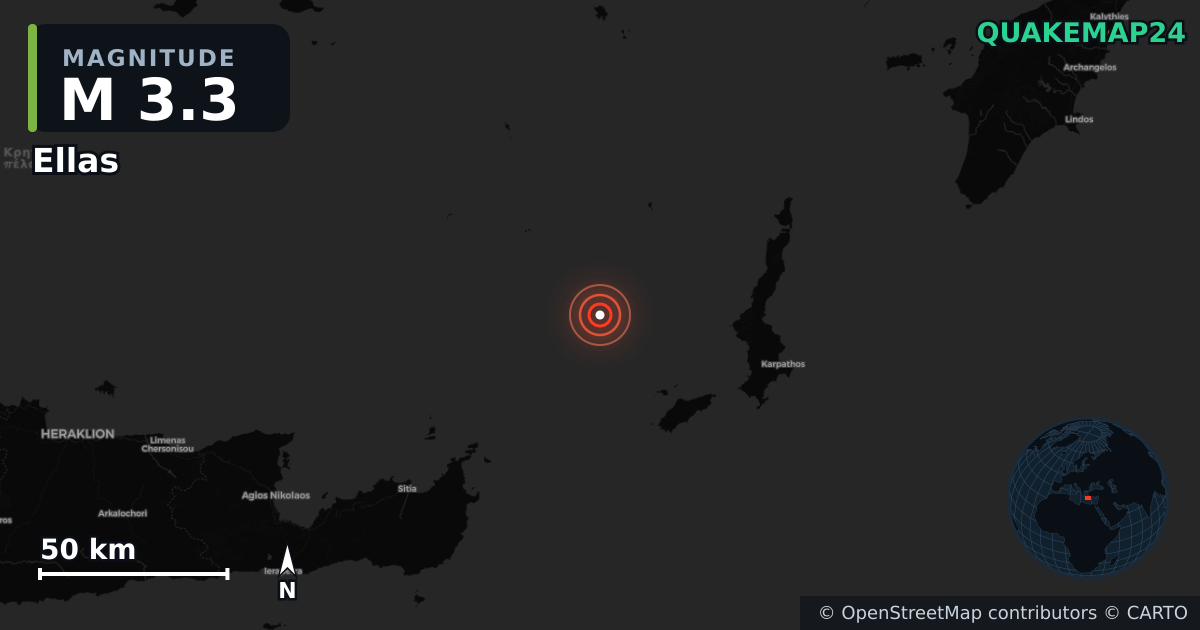M3.3 earthquake near Ellas on Feb 20, 2026 — map of epicenter and shaking intensity | QuakeMap24