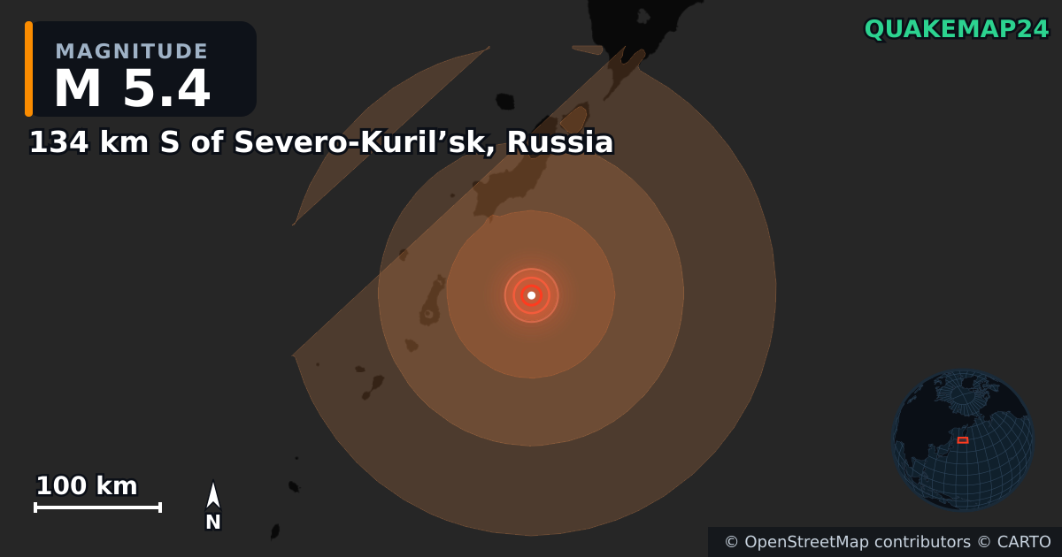 M5.4 earthquake near 134 km S of Severo-Kuril’sk, Russia on Aug 19, 2026 — map of epicenter and shaking intensity | QuakeMap24
