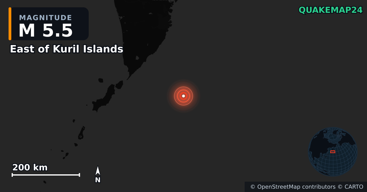 M5.5 earthquake near East of Kuril Islands on Aug 3, 2025 — map of epicenter and shaking intensity | QuakeMap24