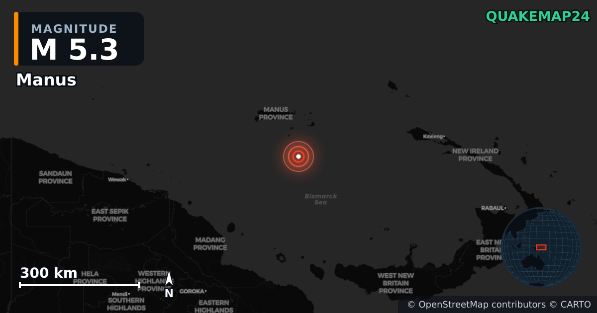 M5.3 earthquake near Manus on Jul 8, 2025 — map of epicenter and shaking intensity | QuakeMap24