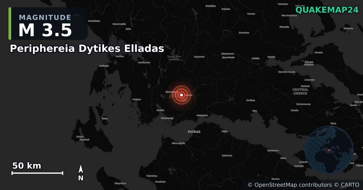 M3.5 earthquake near Periphereia Dytikes Elladas on Dec 16, 2025 — map of epicenter and shaking intensity | QuakeMap24