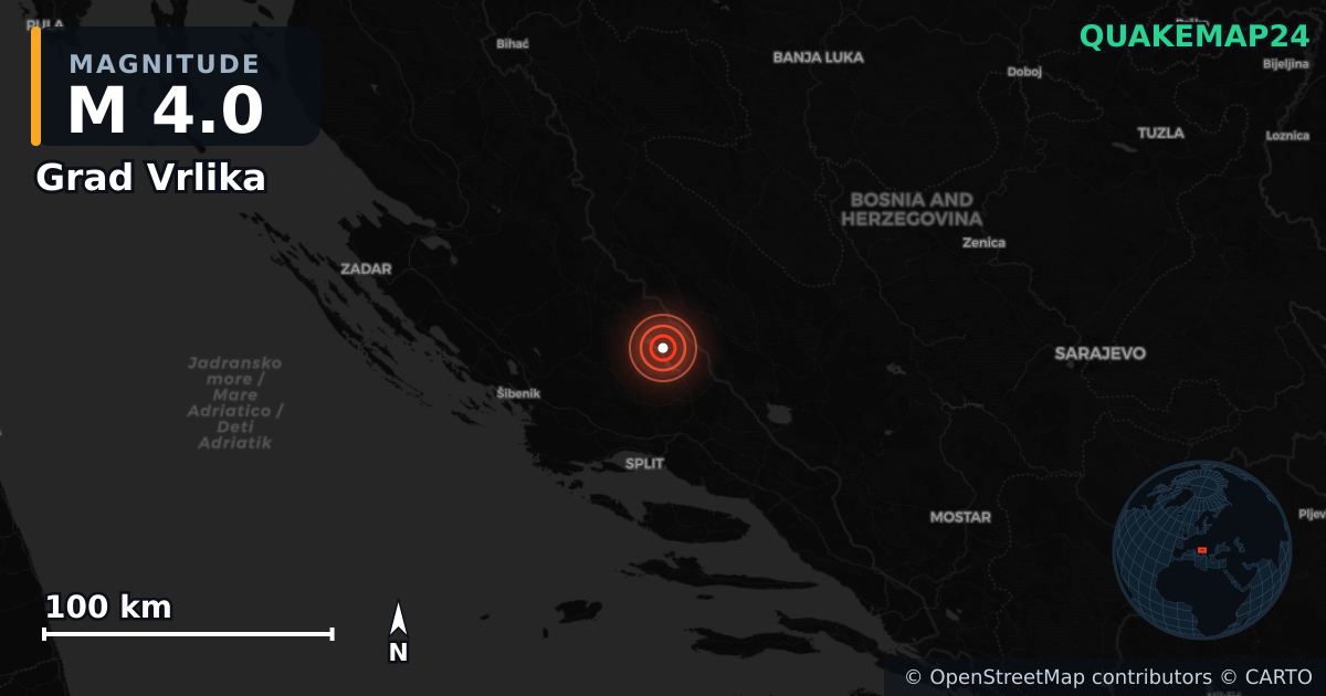 M4.0 earthquake near Grad Vrlika on May 25, 2026 — map of epicenter and shaking intensity | QuakeMap24