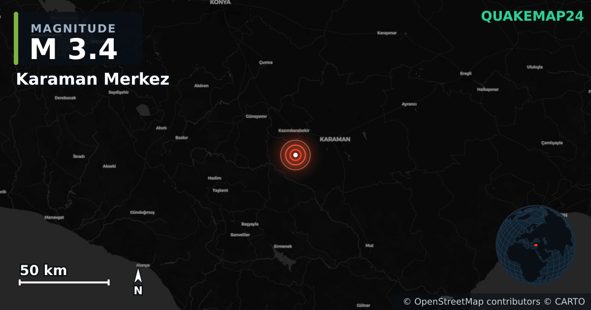 M3.4 earthquake near Karaman Merkez on Feb 10, 2026 — map of epicenter and shaking intensity | QuakeMap24