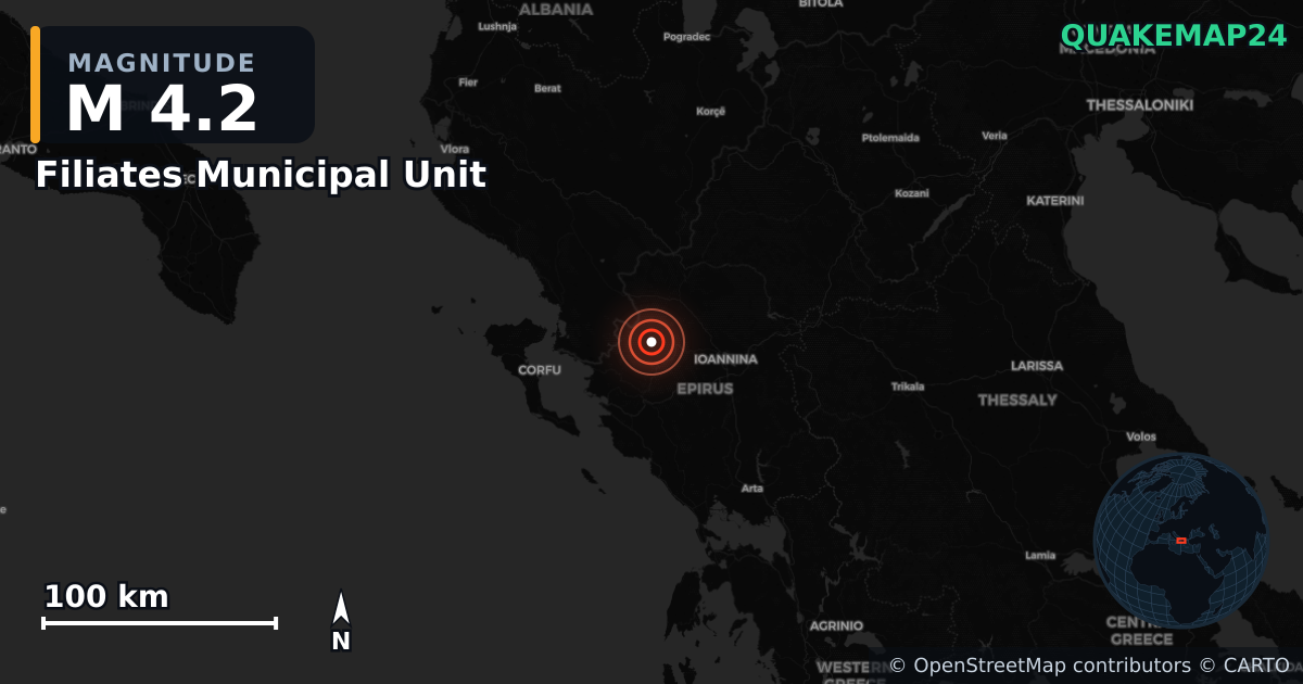 Filiates Municipal Unit, Epirus (Yunanistan) yakınında M4,2 deprem · 2026-06-20 — Deprem merkez üssünün konumunu gösteren harita