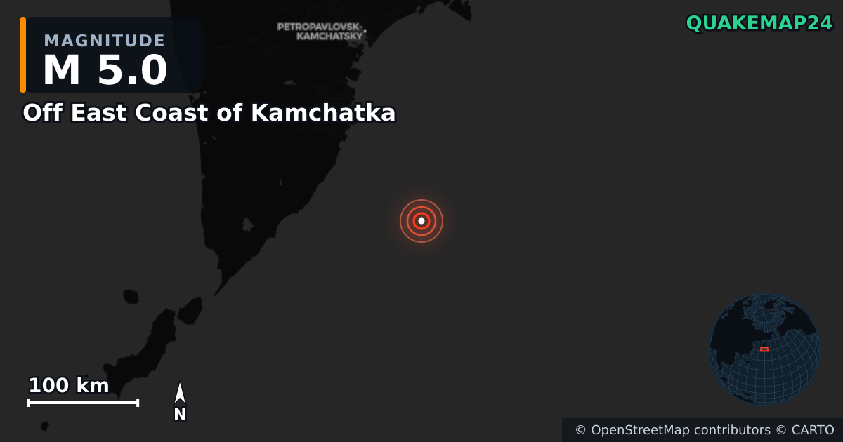 M5.0 earthquake near Off East Coast of Kamchatka on Aug 31, 2025 — map of epicenter and shaking intensity | QuakeMap24