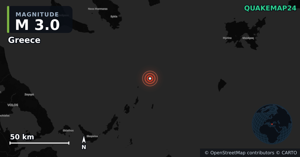 M3.0 earthquake near Greece on Aug 11, 2026 — map of epicenter and shaking intensity | QuakeMap24