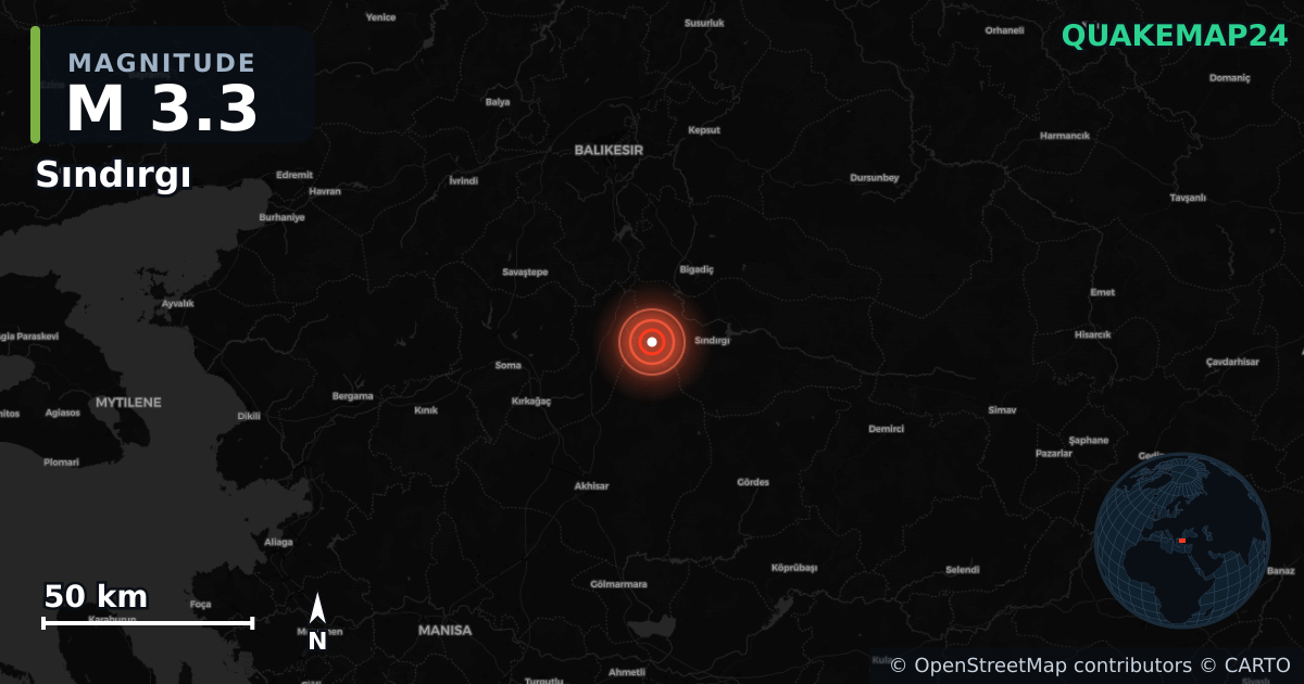 M3.3 earthquake near Sındırgı on Sep 1, 2025 — map of epicenter and shaking intensity | QuakeMap24
