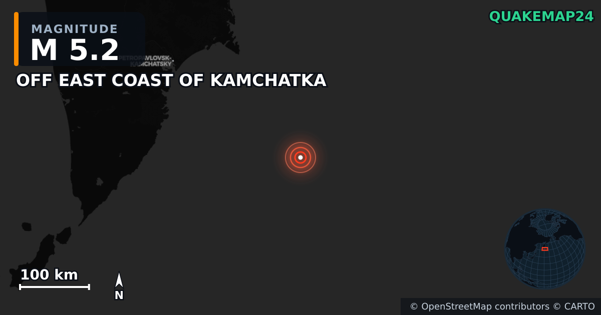 M5.2 earthquake near OFF EAST COAST OF KAMCHATKA on Aug 7, 2025 — map of epicenter and shaking intensity | QuakeMap24