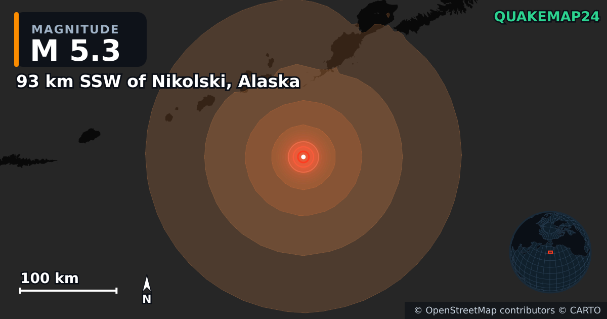 Erdbeben M5,3 bei 93 km SSW of Nikolski, Alaska — Karte der Lage des Epizentrums