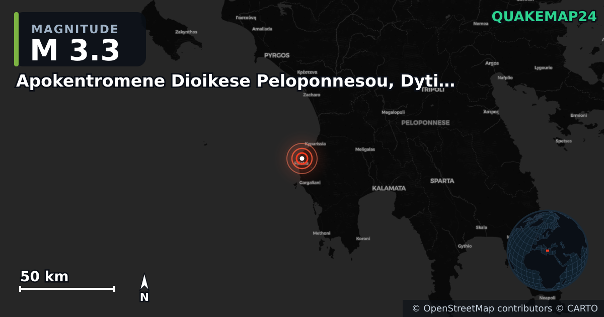 M3.3 earthquake near Apokentromene Dioikese Peloponnesou, Dytikes Elladas kai Ioniou on Aug 9, 2025 — map of epicenter and shaking intensity | QuakeMap24