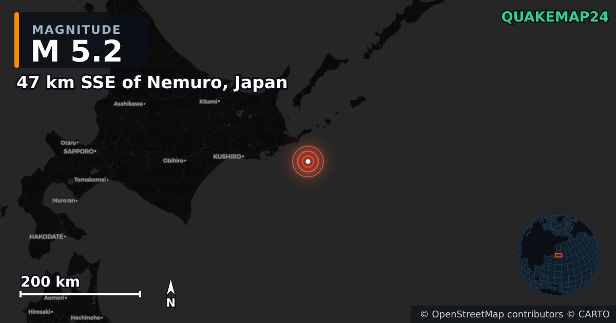 M5.2 earthquake near 47 km SSE of Nemuro, Japan on Dec 2, 2025 — map of epicenter and shaking intensity | QuakeMap24