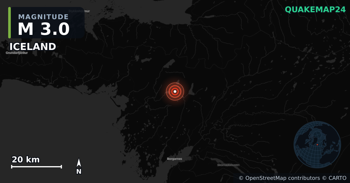 M3.0 earthquake near ICELAND on Jun 2, 2025 — map of epicenter and shaking intensity | QuakeMap24