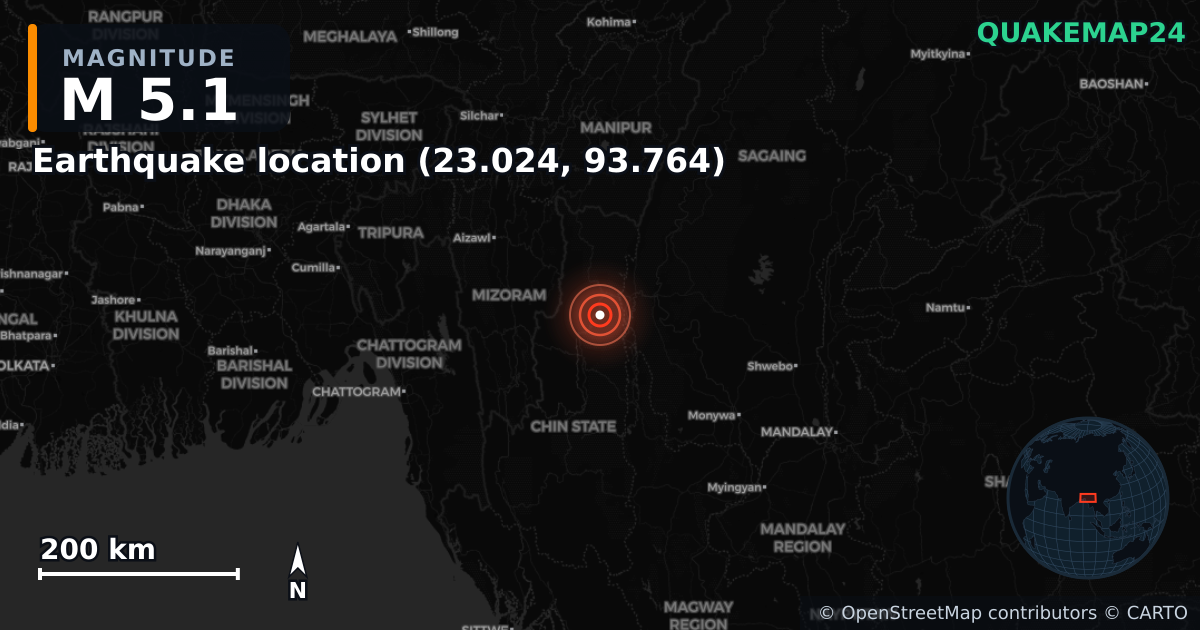 M5.1 earthquake near Deprem konumu (23.024, 93.764) on Aug 22, 2025 — map of epicenter and shaking intensity | QuakeMap24