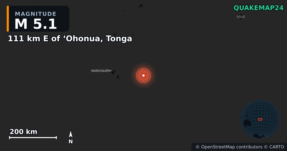M5.1 earthquake near 111 km E of ‘Ohonua, Tonga on Jan 2, 2025 — map of epicenter and shaking intensity | QuakeMap24