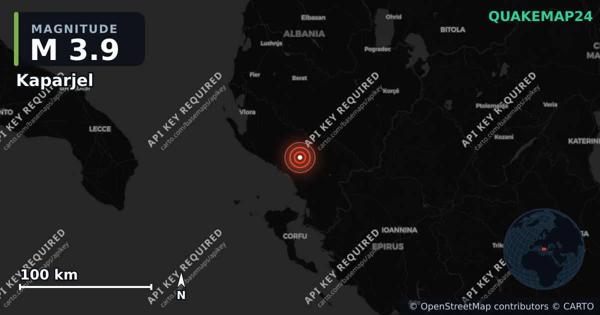M3.9 earthquake near Kaparjel on Jun 8, 2026 — map of epicenter and shaking intensity | QuakeMap24