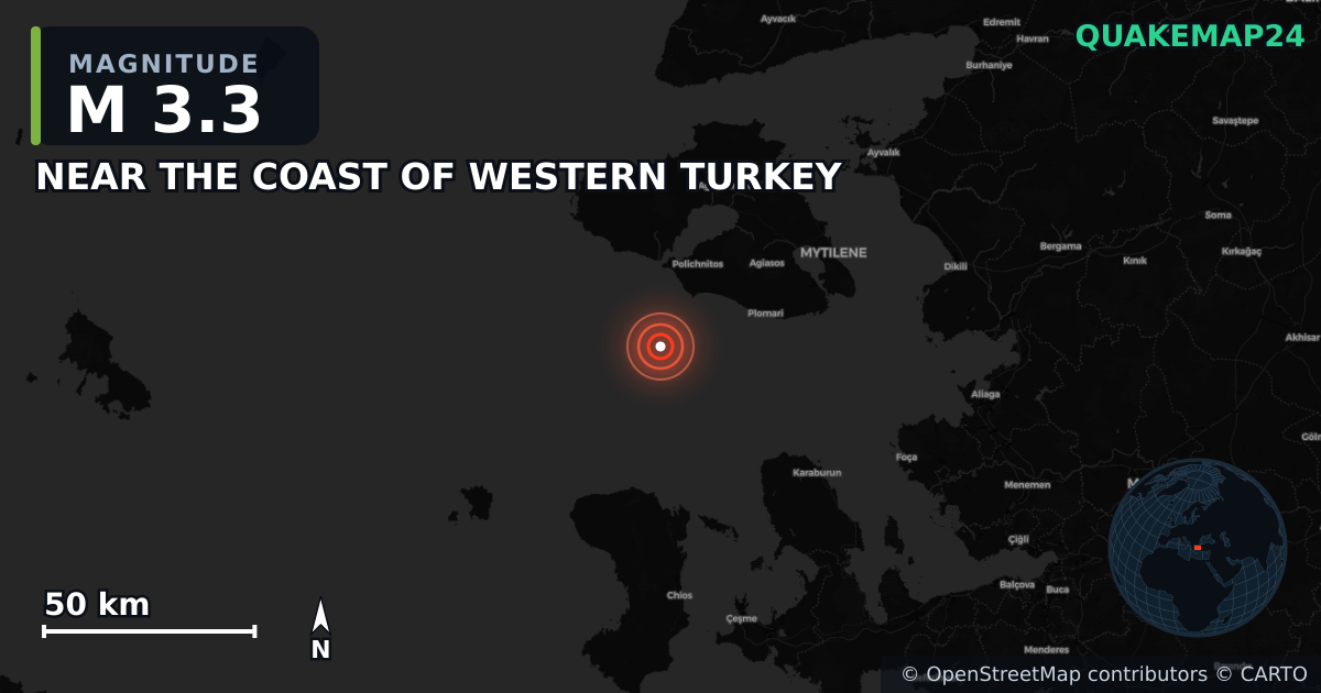 M3.3 earthquake near NEAR THE COAST OF WESTERN TURKEY on Dec 1, 2025 — map of epicenter and shaking intensity | QuakeMap24