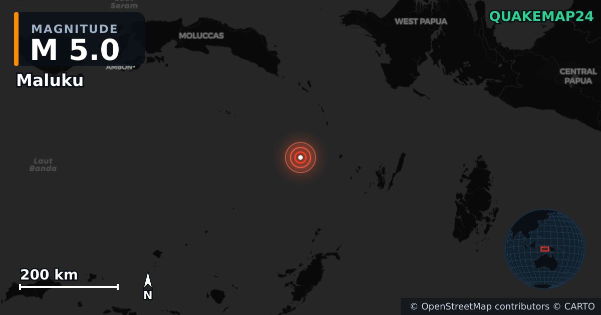M5.0 earthquake near Maluku on Aug 13, 2025 — map of epicenter and shaking intensity | QuakeMap24