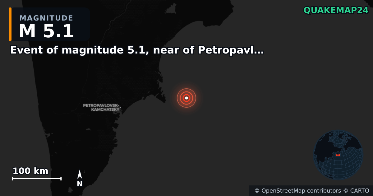M5.1 earthquake near Event of magnitude 5.1, near of Petropavlovsk Kamchatskiy (Monde) on Sep 25, 2025 — map of epicenter and shaking intensity | QuakeMap24