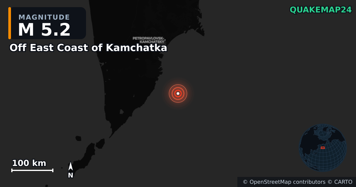 M5.2 earthquake near Off East Coast of Kamchatka on Aug 3, 2025 — map of epicenter and shaking intensity | QuakeMap24
