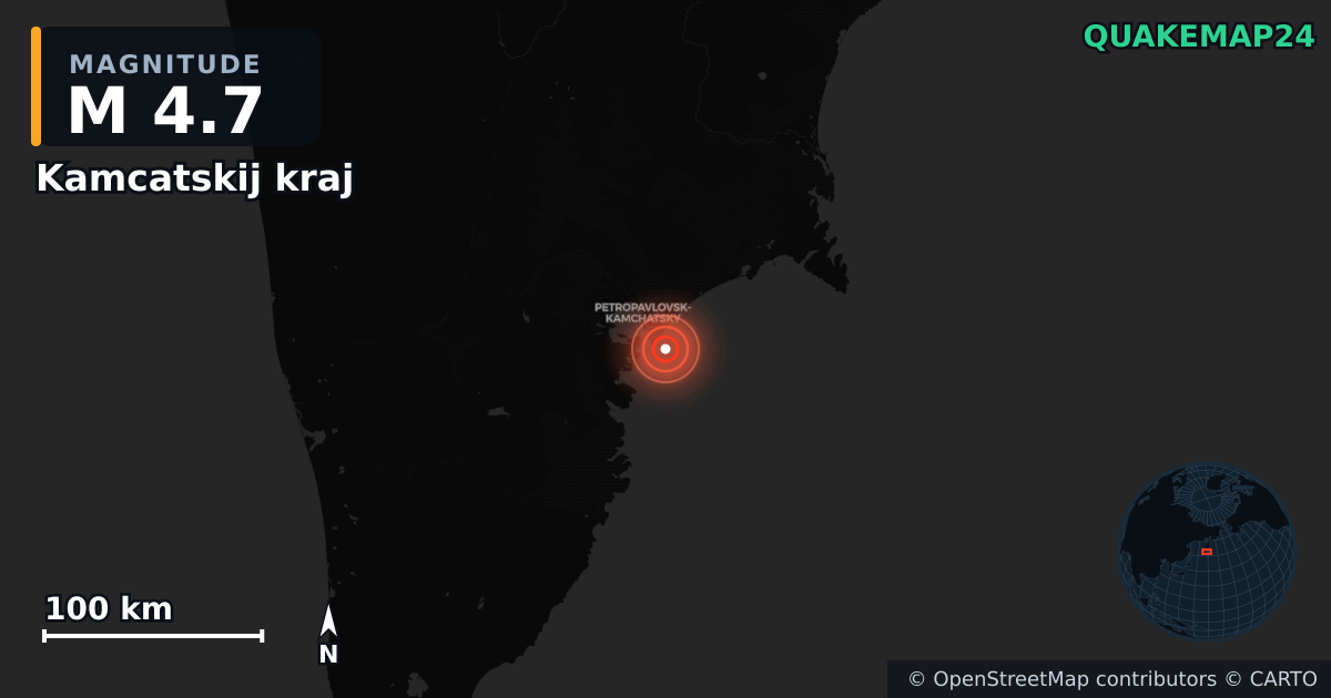 M4.7 earthquake near Kamcatskij kraj on Jul 20, 2025 — map of epicenter and shaking intensity | QuakeMap24