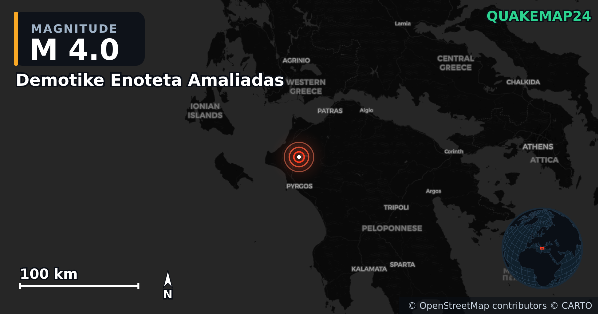 M4.0 earthquake near Demotike Enoteta Amaliadas on May 25, 2026 — map of epicenter and shaking intensity | QuakeMap24