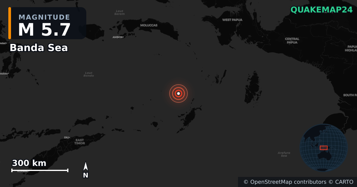 M5.7 earthquake near Banda Sea on Oct 23, 2025 — map of epicenter and shaking intensity | QuakeMap24