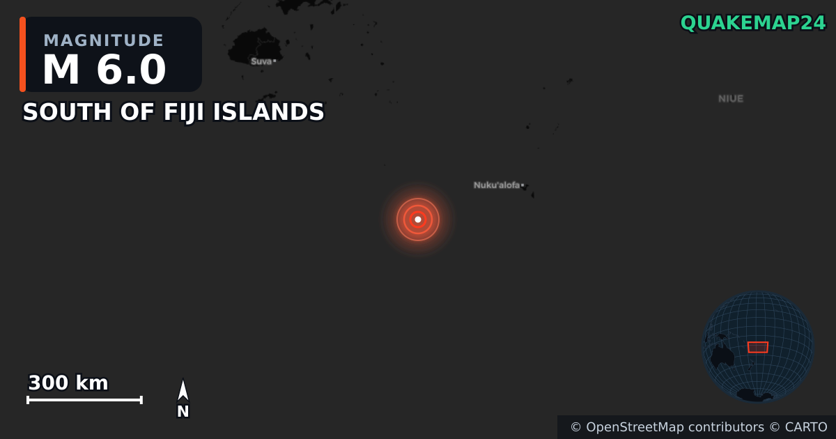 M6.0 earthquake near SOUTH OF FIJI ISLANDS on Jun 6, 2025 — map of epicenter and shaking intensity | QuakeMap24
