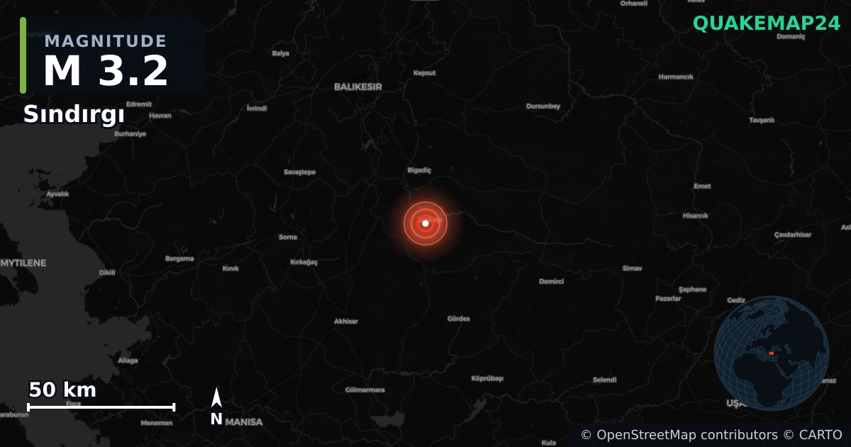 M3.2 earthquake near Sındırgı on Aug 18, 2025 — map of epicenter and shaking intensity | QuakeMap24