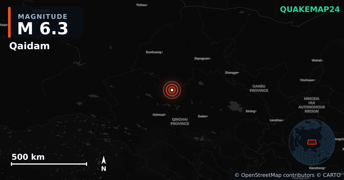 M6.3 earthquake near Qaidam on Jun 16, 2026 — map of epicenter and shaking intensity | QuakeMap24
