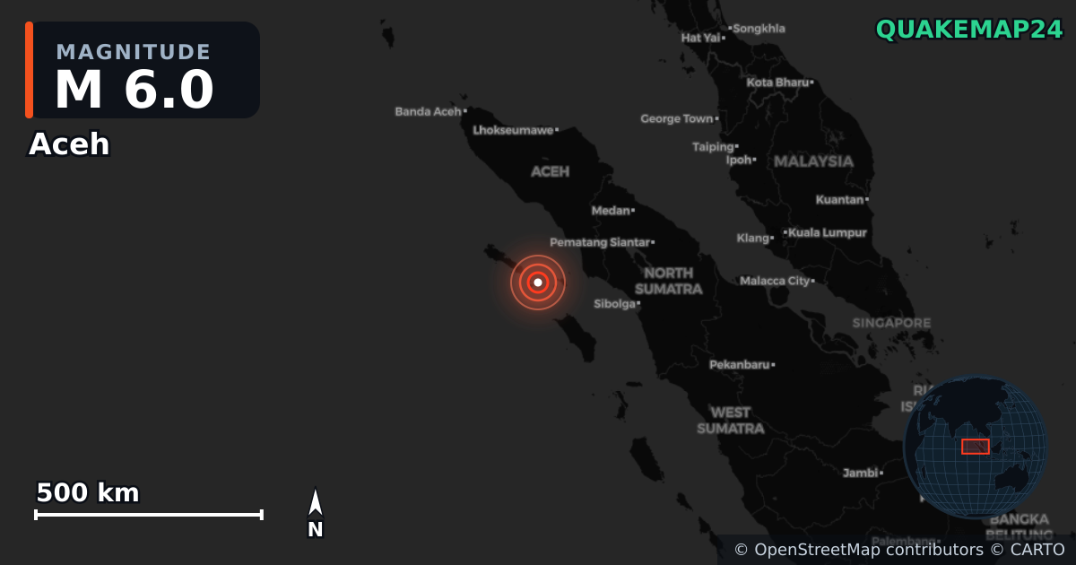 M6.0 earthquake near Aceh on Aug 23, 2025 — map of epicenter and shaking intensity | QuakeMap24