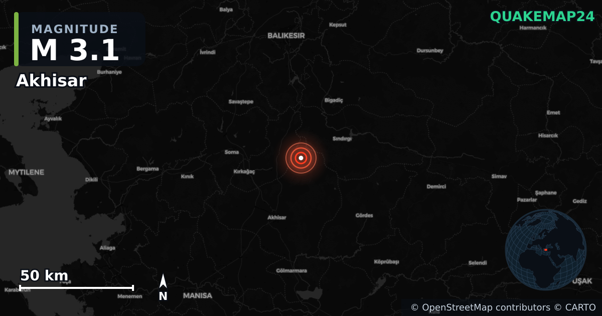 M3.1 earthquake near Akhisar on Oct 18, 2025 — map of epicenter and shaking intensity | QuakeMap24