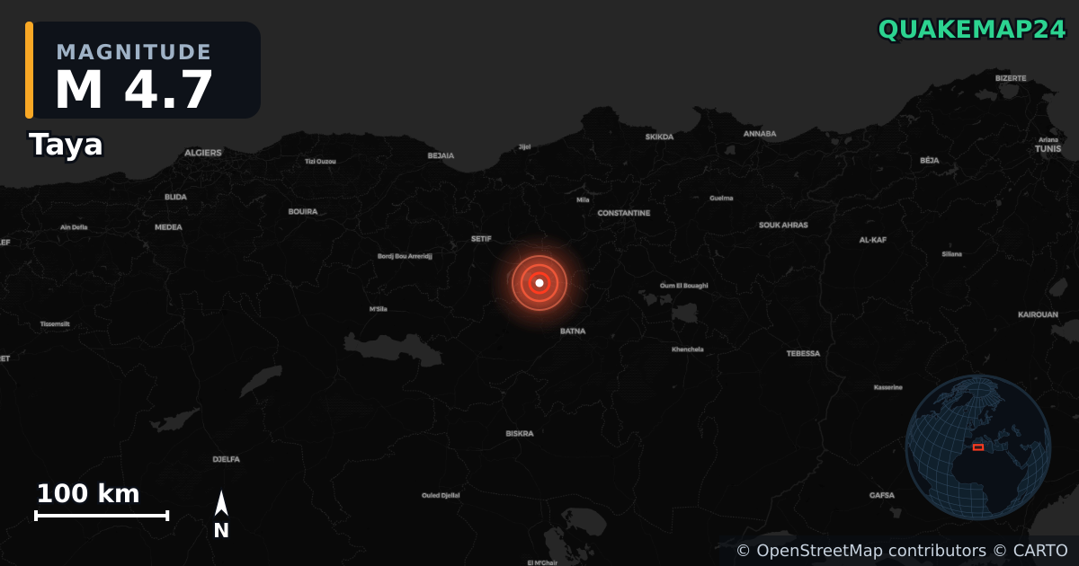 M4.7 earthquake near Taya on Jun 3, 2026 — map of epicenter and shaking intensity | QuakeMap24