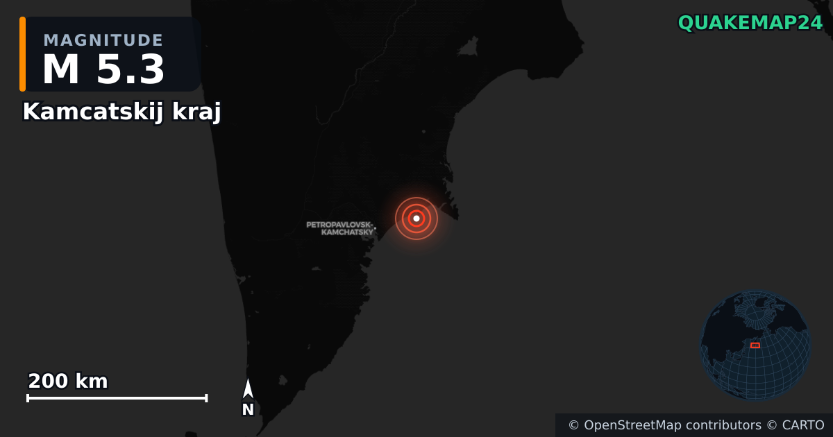 M5.3 earthquake near Kamcatskij kraj on Sep 18, 2025 — map of epicenter and shaking intensity | QuakeMap24
