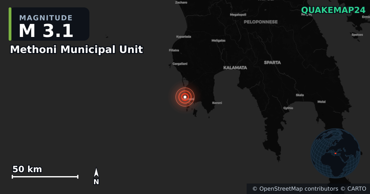 M3.1 earthquake near Methoni Municipal Unit on Jul 30, 2026 — map of epicenter and shaking intensity | QuakeMap24