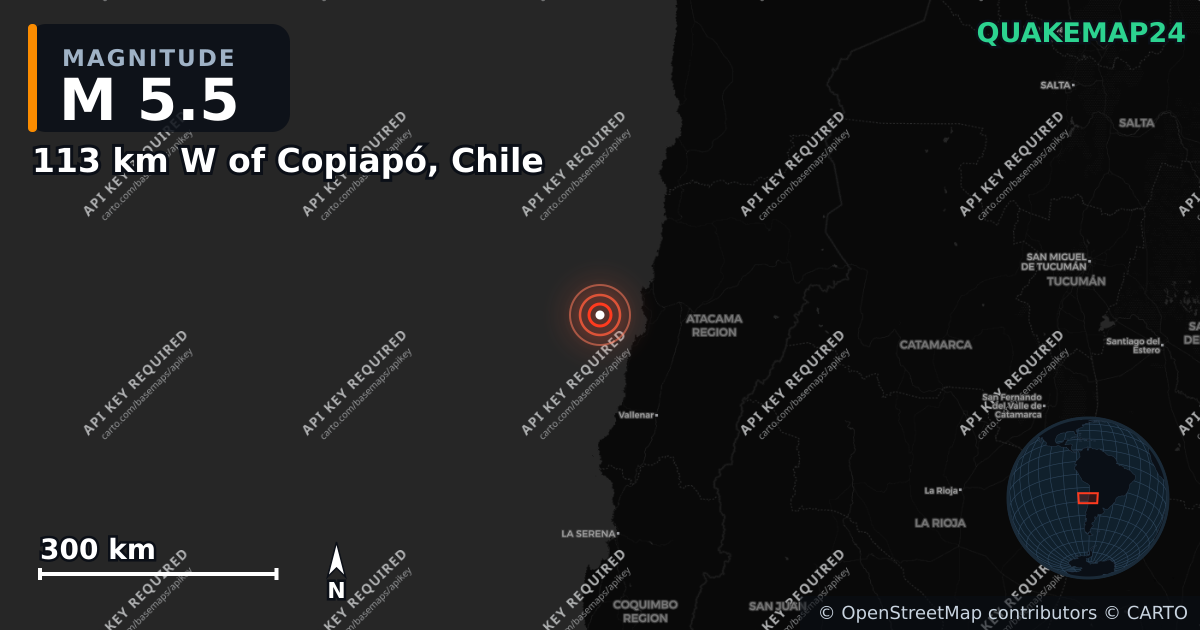 M5.5 earthquake near 113 km W of Copiapó, Chile on Nov 3, 2025 — map of epicenter and shaking intensity | QuakeMap24