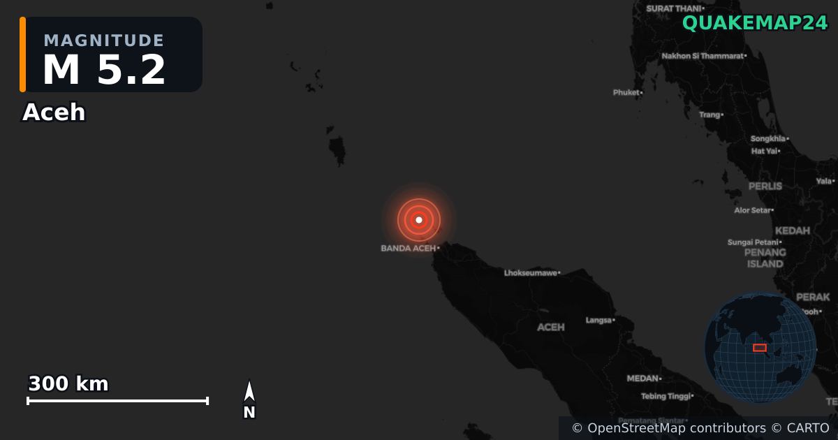 M5.2 earthquake near Aceh on Jul 4, 2025 — map of epicenter and shaking intensity | QuakeMap24