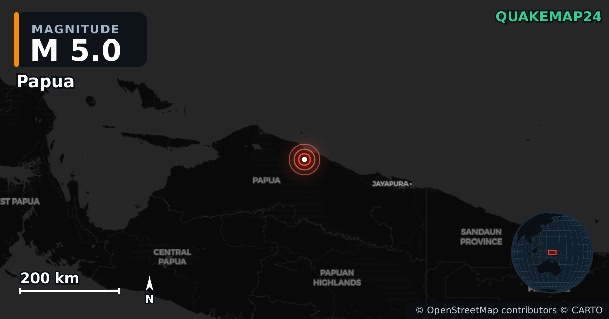 M5.0 earthquake near Papua on Oct 16, 2025 — map of epicenter and shaking intensity | QuakeMap24