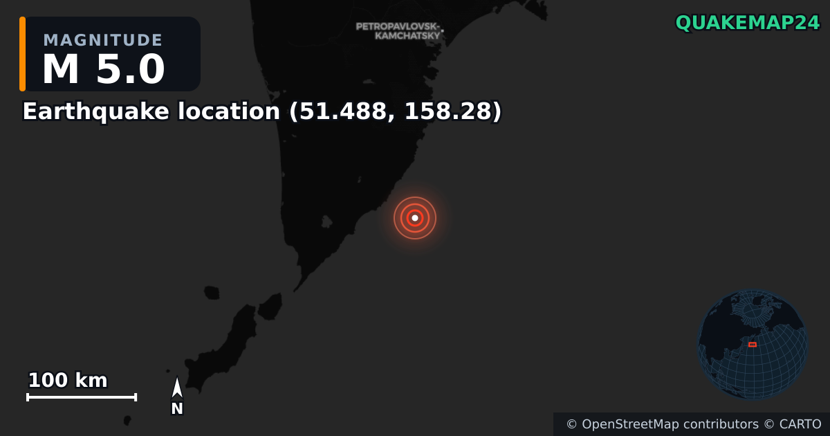 M5.0 earthquake near Τοποθεσία σεισμού (51.488, 158.28) on Mar 24, 2026 — map of epicenter and shaking intensity | QuakeMap24